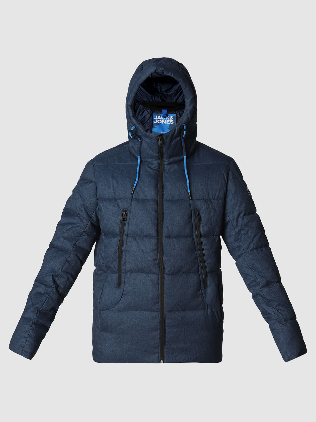 Blue Textured Hooded Puffer Jacket