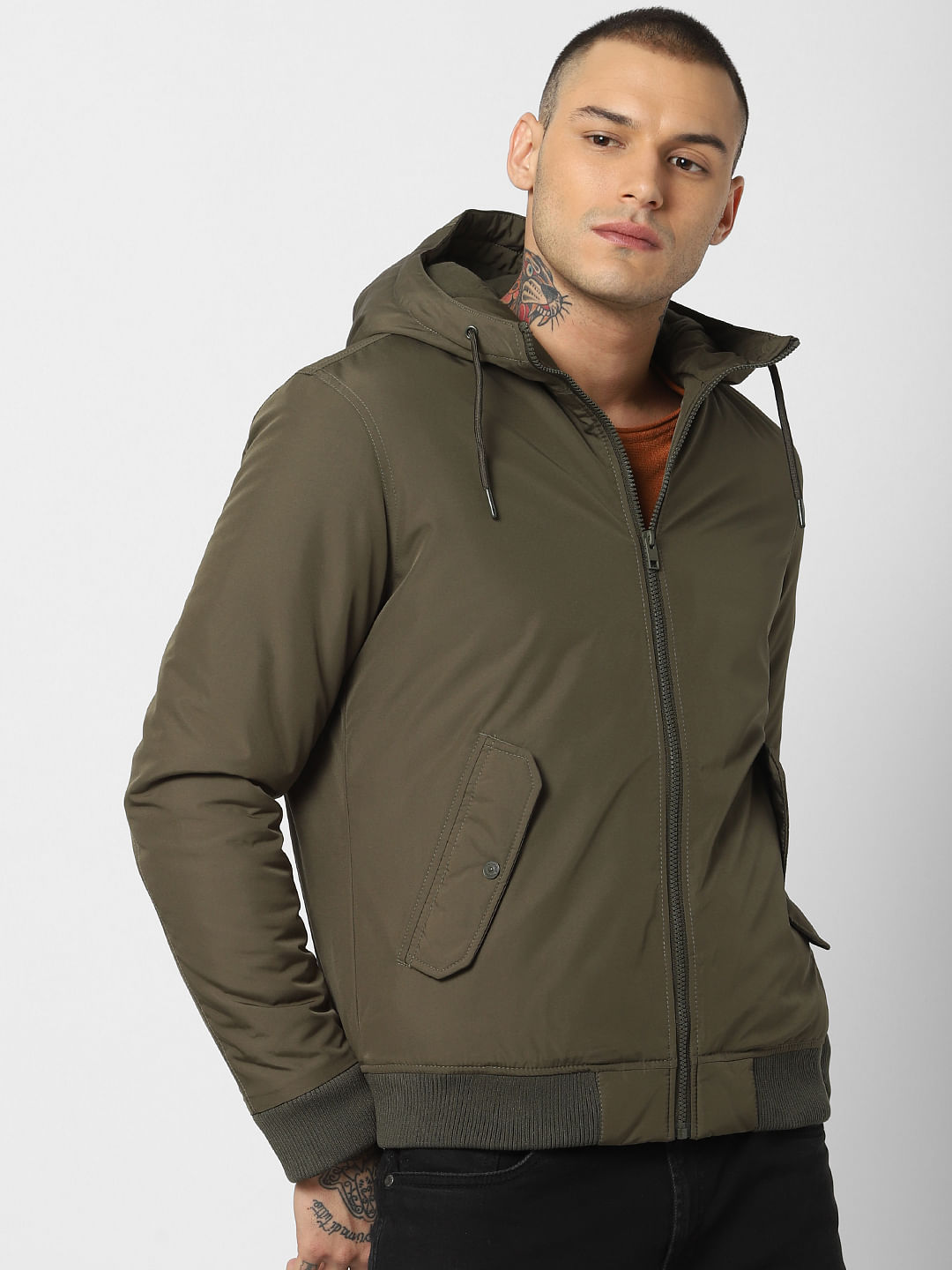 Green Flap Pockets Hooded Jacket
