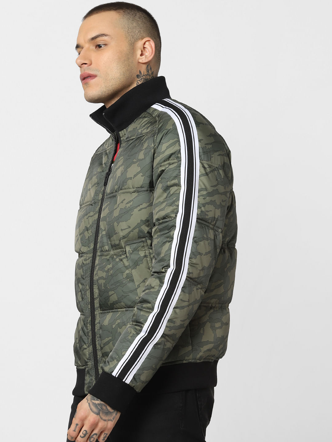 Green Camo Print Puffer Jacket