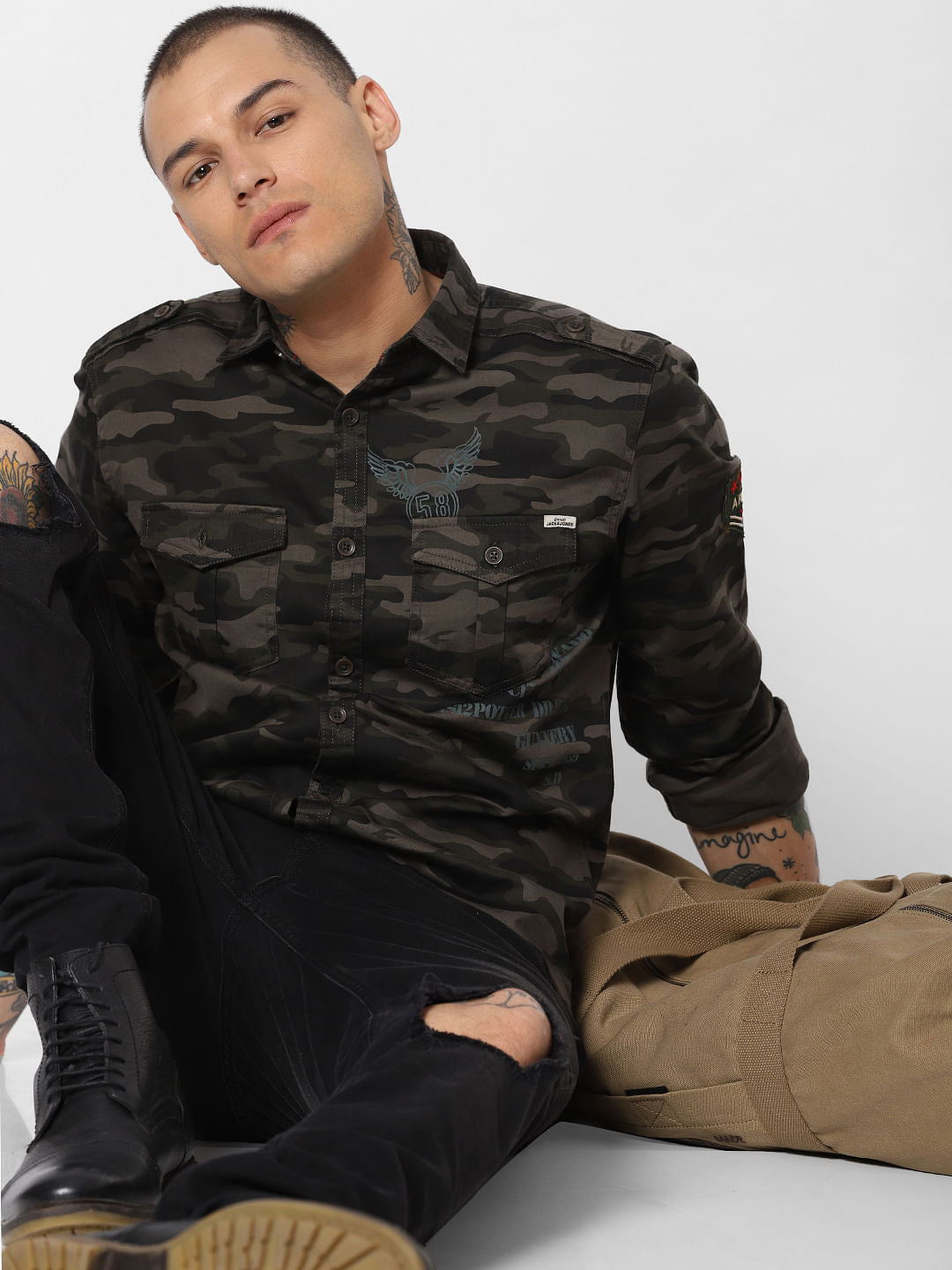 Green Camo Print Full Sleeves Shirt - S