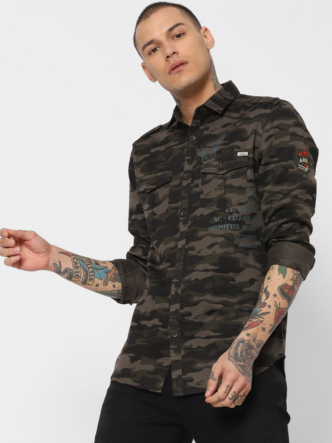 Green Camo Print Full Sleeves Shirt