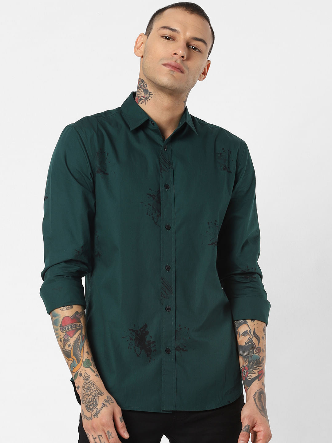 Green Splash Print Full Sleeves Shirt