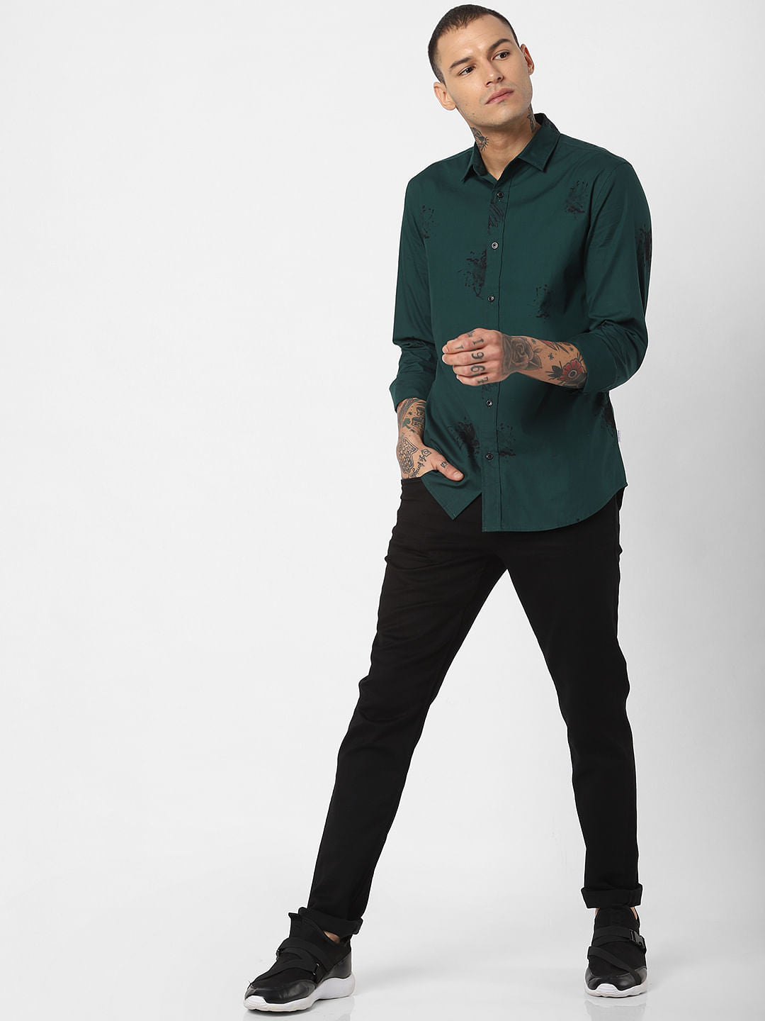 Green Splash Print Full Sleeves Shirt