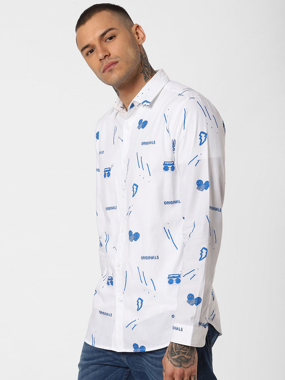 White All Over Print Full Sleeves Shirt