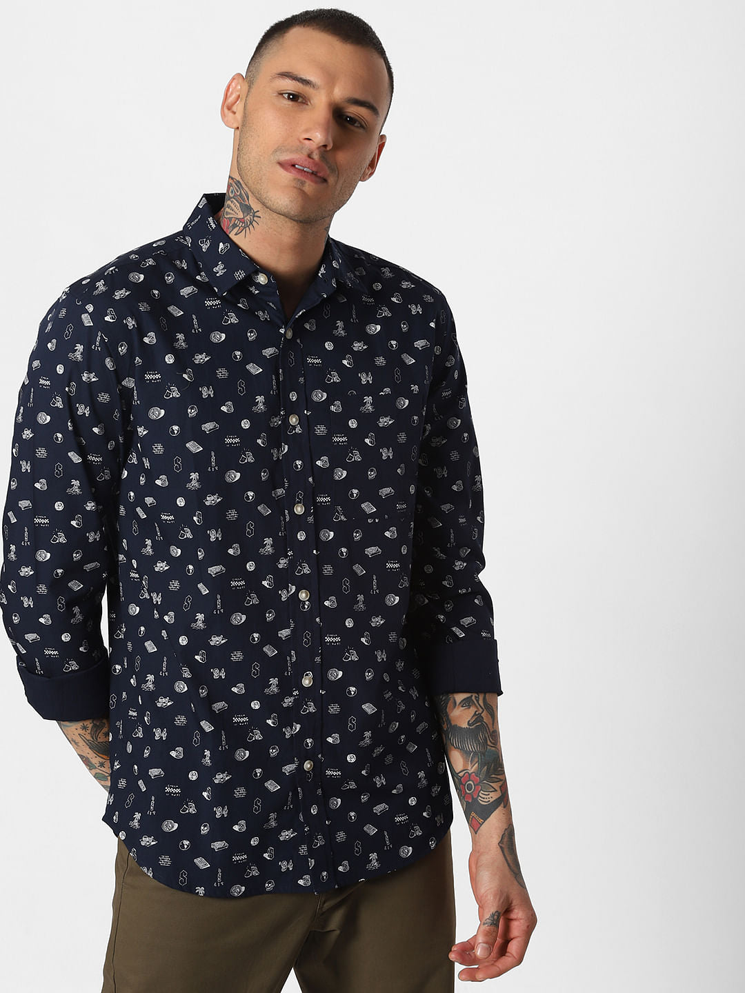 Navy Blue All Over Print Full Sleeves Shirt