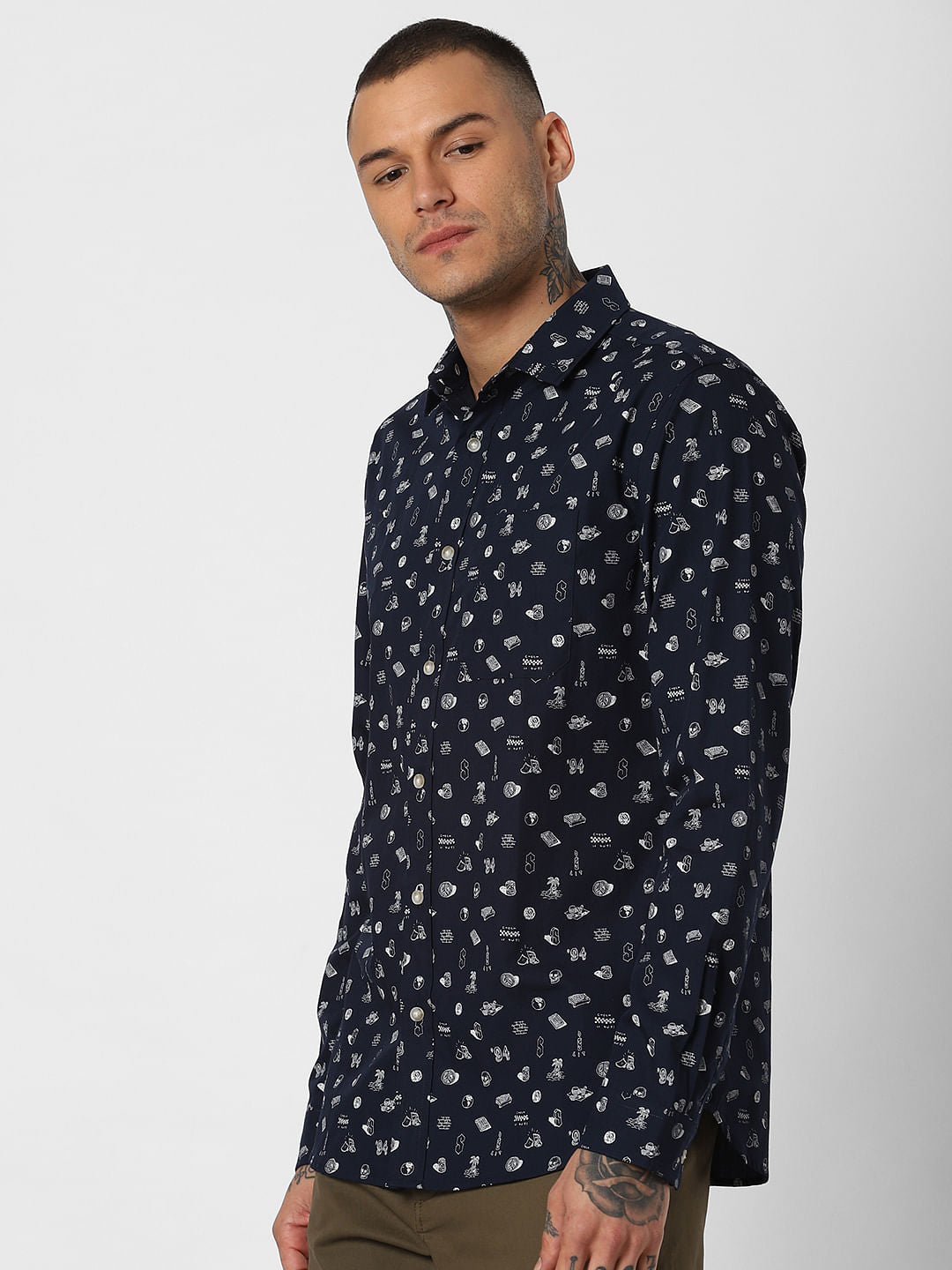 Navy Blue All Over Print Full Sleeves Shirt