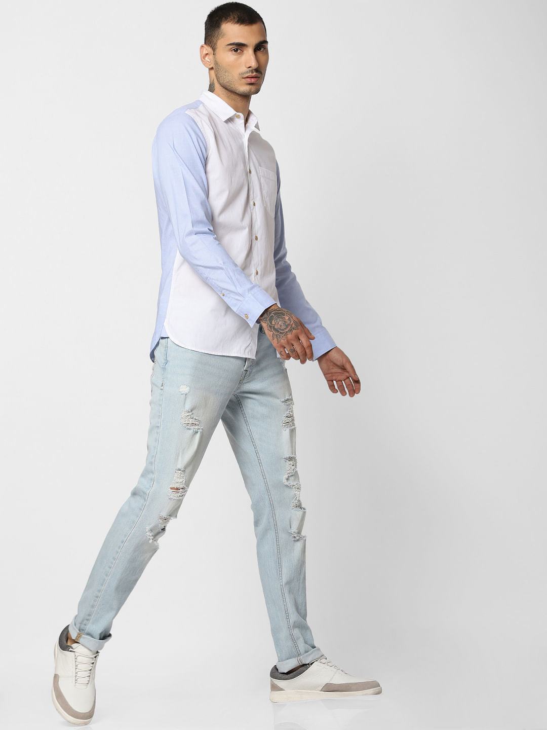 Blue Colourblocked Full Sleeves Shirt