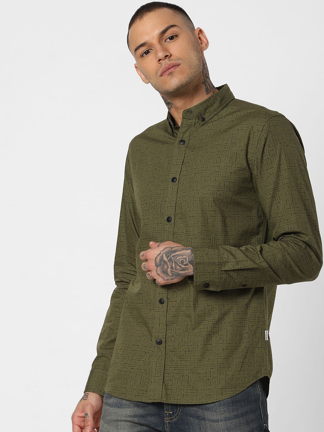 Green All Over Print Full Sleeves Shirt - S