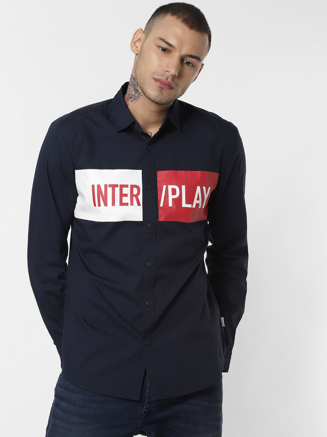 Navy Blue Patch Print Full Sleeves Shirt