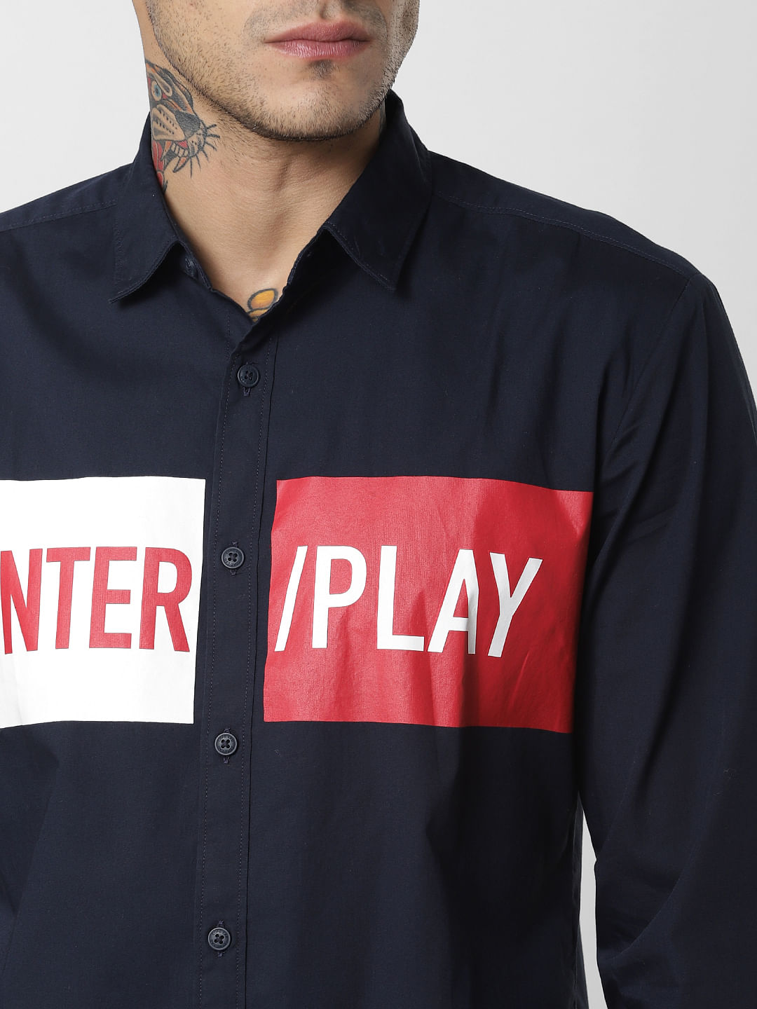 Navy Blue Patch Print Full Sleeves Shirt