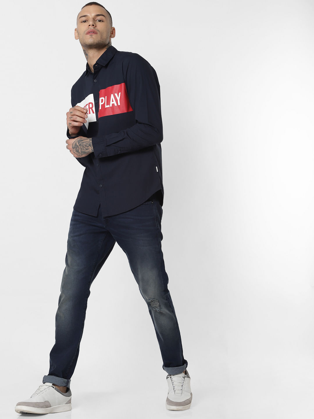 Navy Blue Patch Print Full Sleeves Shirt