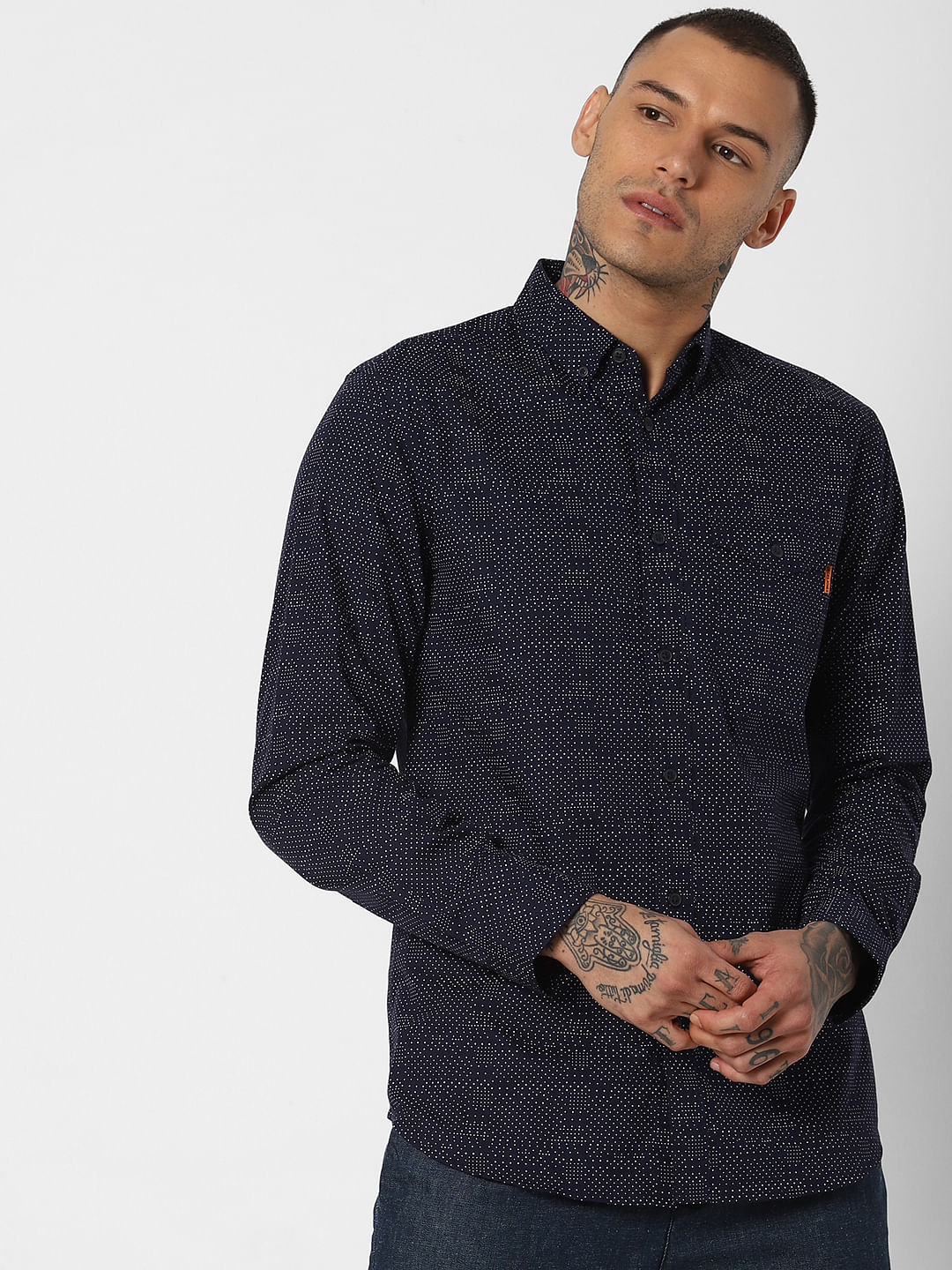 Navy Blue Printed Full Sleeves Shirt