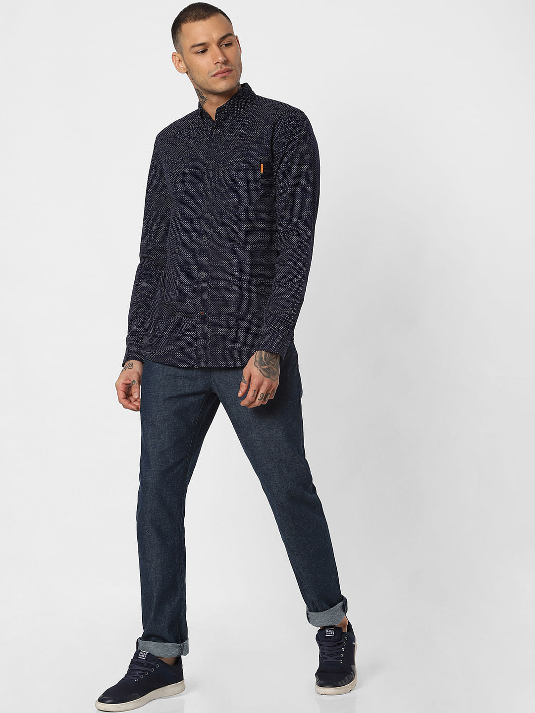 Navy Blue Printed Full Sleeves Shirt
