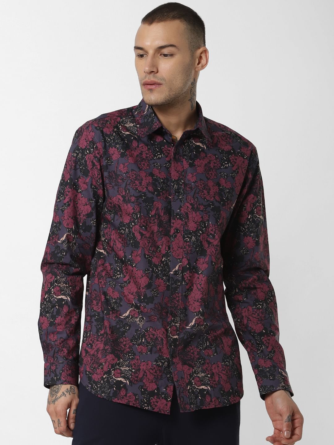 Burgundy Floral Print Full Sleeves Shirt