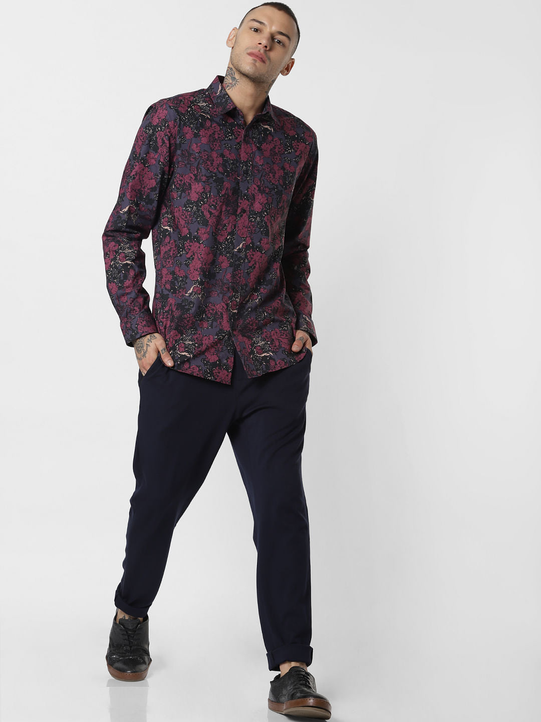 Burgundy Floral Print Full Sleeves Shirt