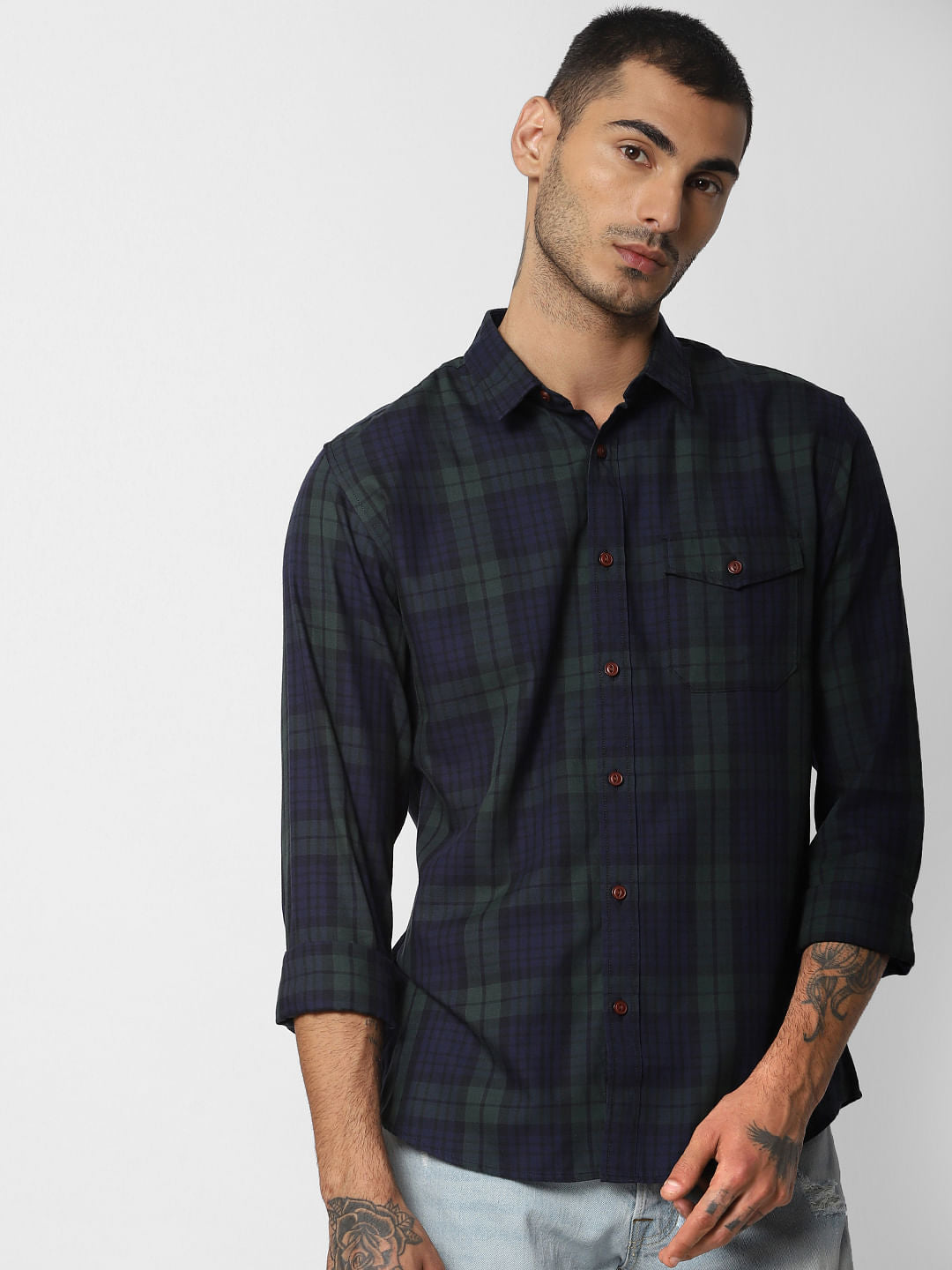 Dark Green Check Full Sleeves Shirt