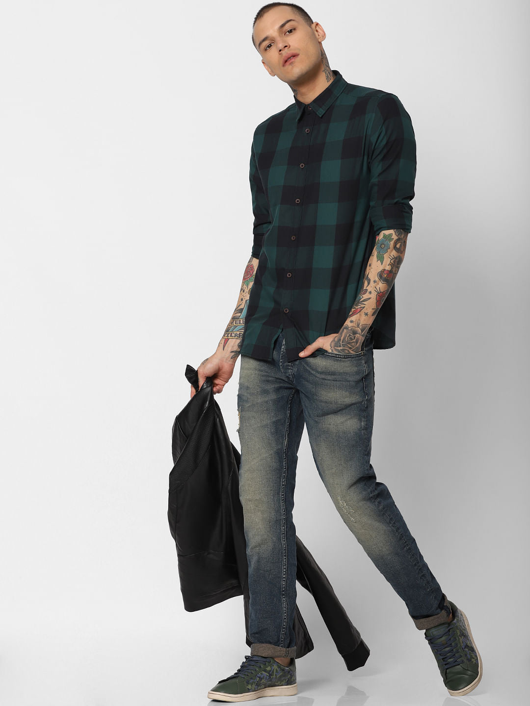 Green Check Full Sleeves Shirt - S