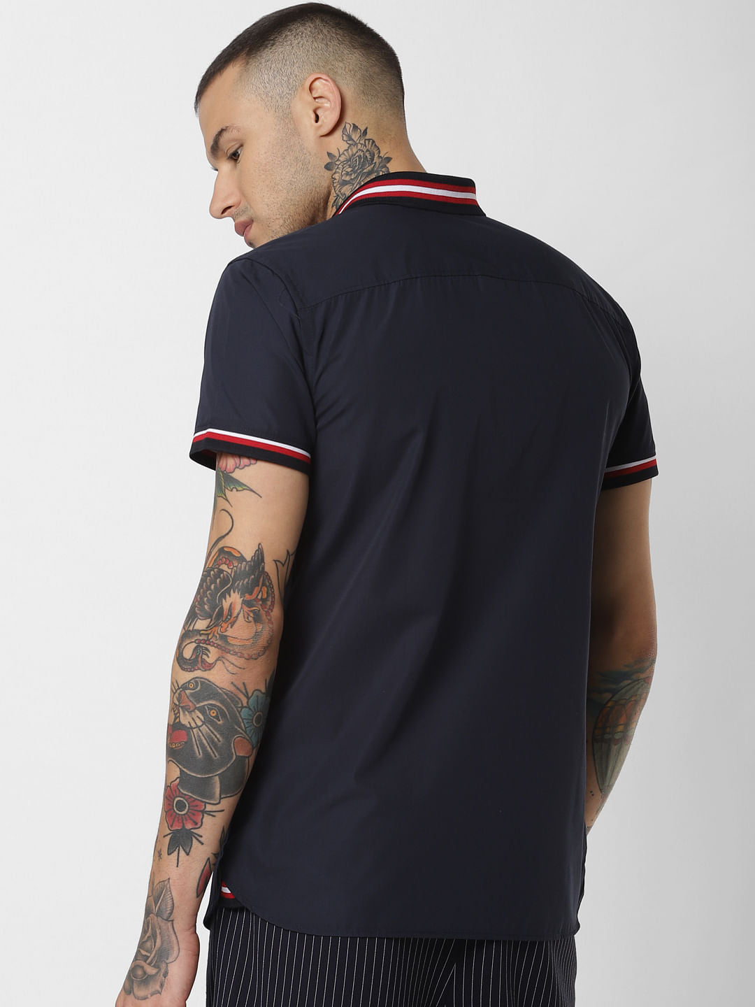 Blue Contrast Tipping Short Sleeves Shirt