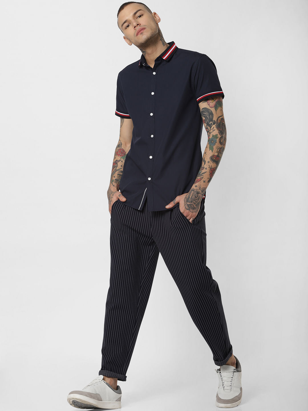 Blue Contrast Tipping Short Sleeves Shirt