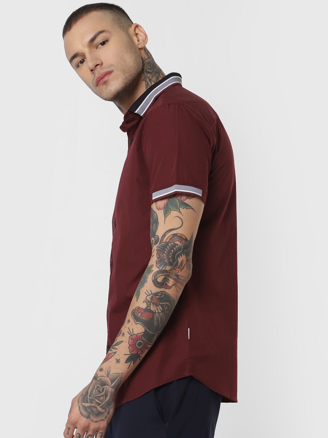 Burgundy Contrast Tipping Short Sleeves Shirt