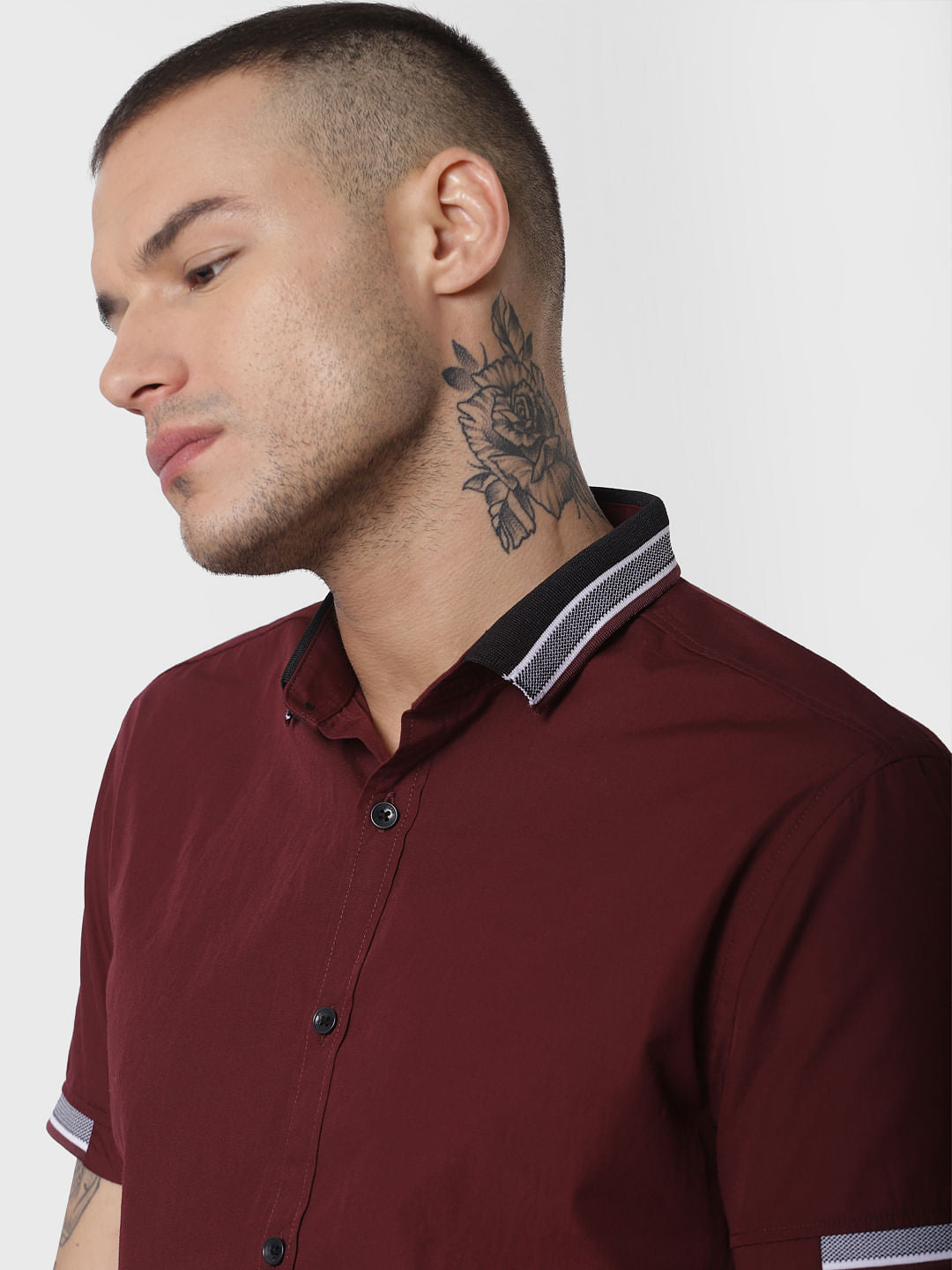 Burgundy Contrast Tipping Short Sleeves Shirt