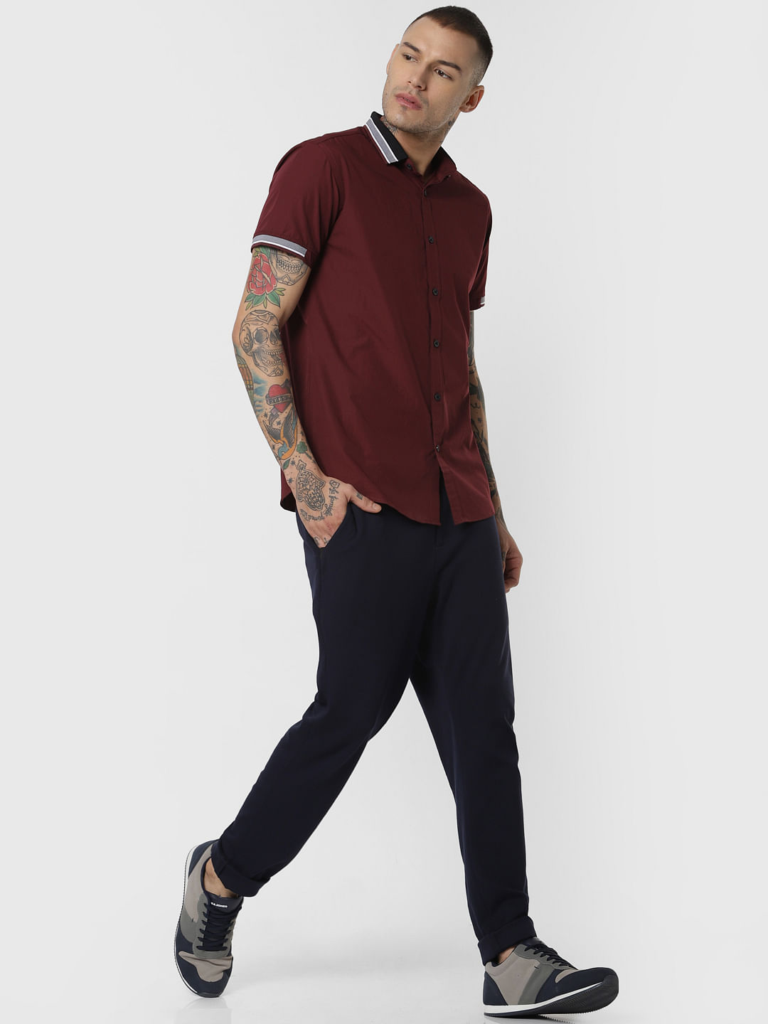 Burgundy Contrast Tipping Short Sleeves Shirt
