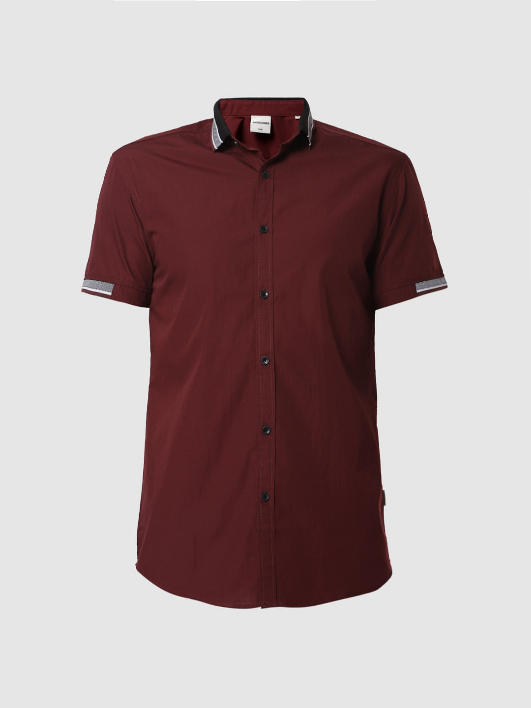 Burgundy Contrast Tipping Short Sleeves Shirt