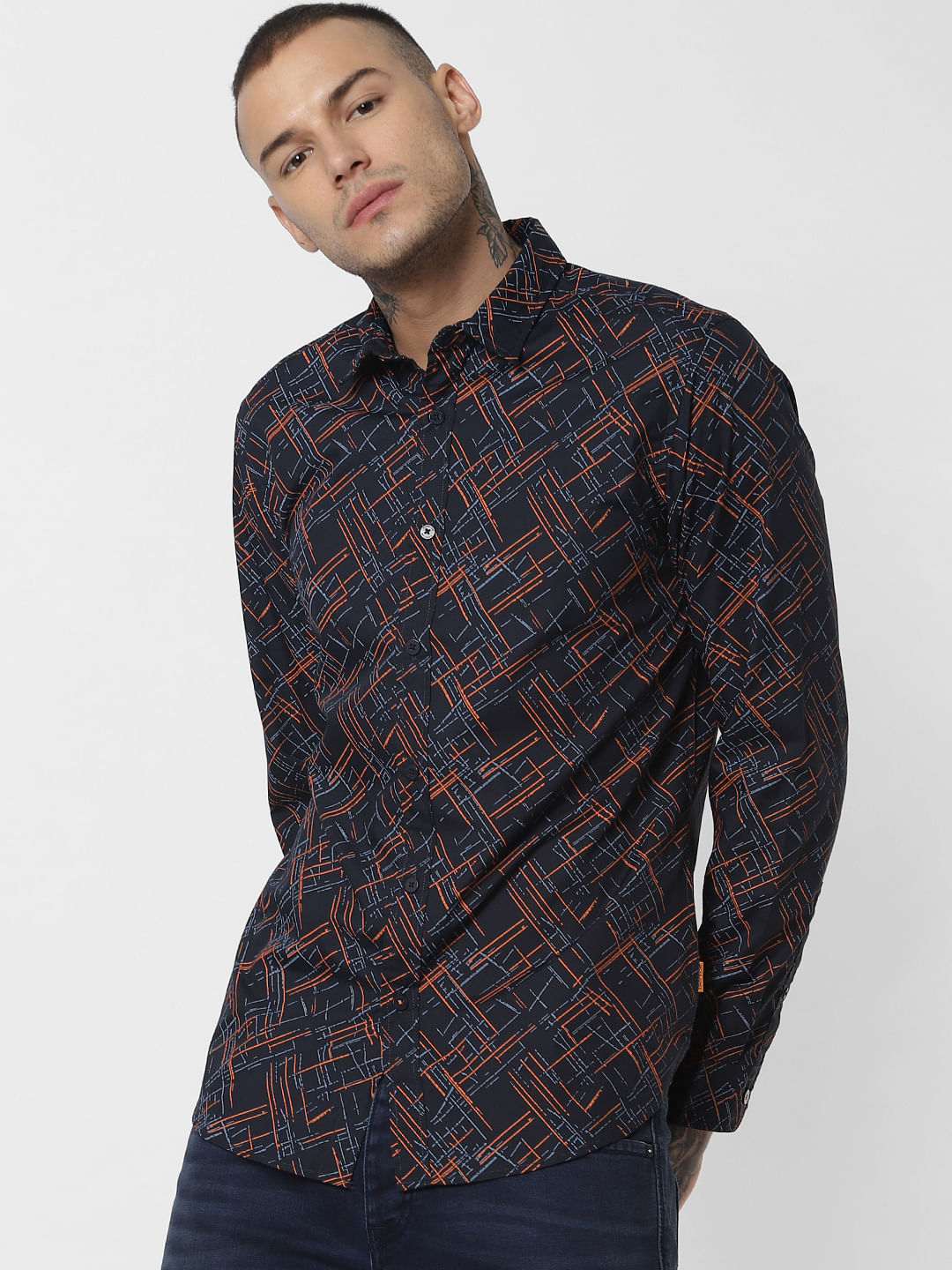 Navy Blue All Over Print Full Sleeves Shirt - S