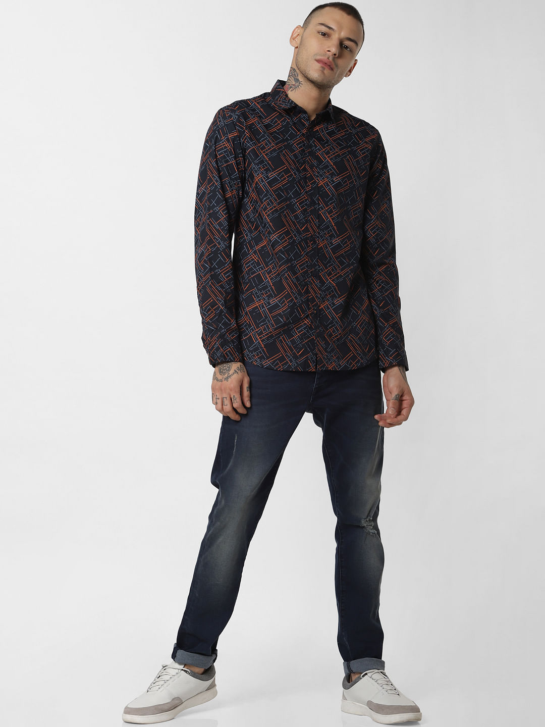 Navy Blue All Over Print Full Sleeves Shirt