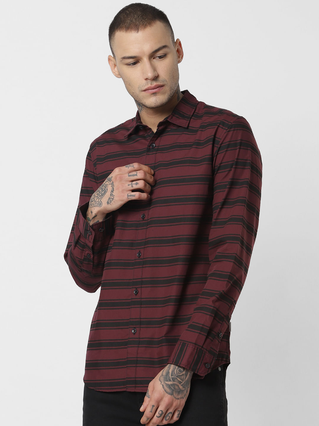 Burgundy Striped Full Sleeves Shirt