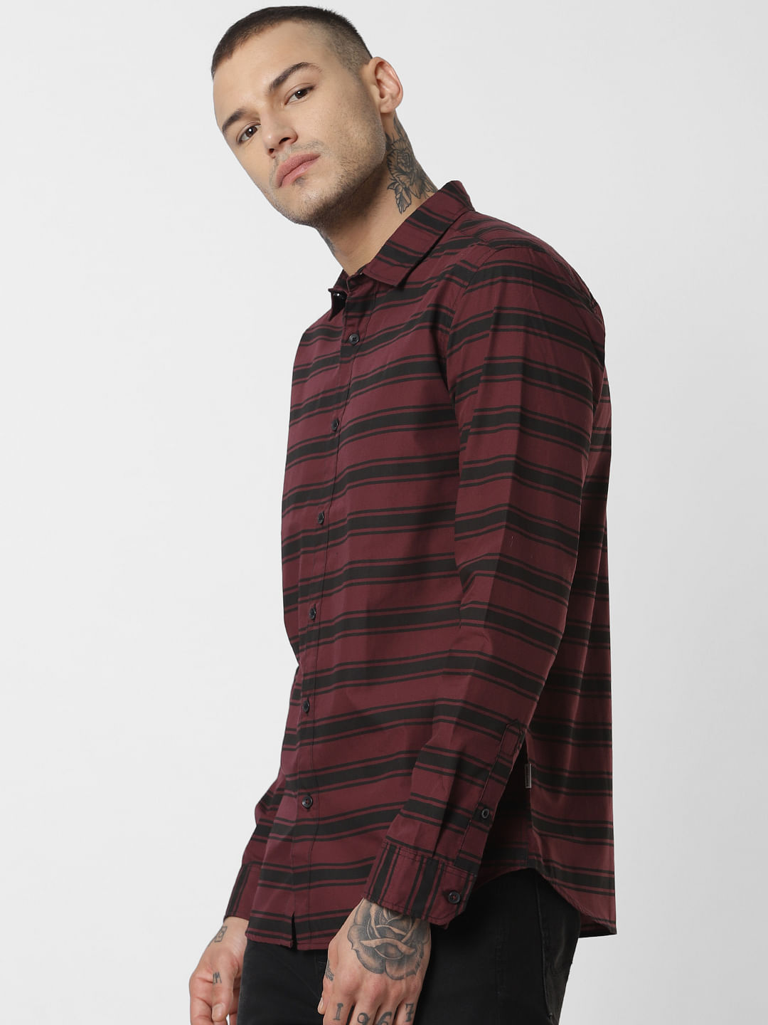 Burgundy Striped Full Sleeves Shirt