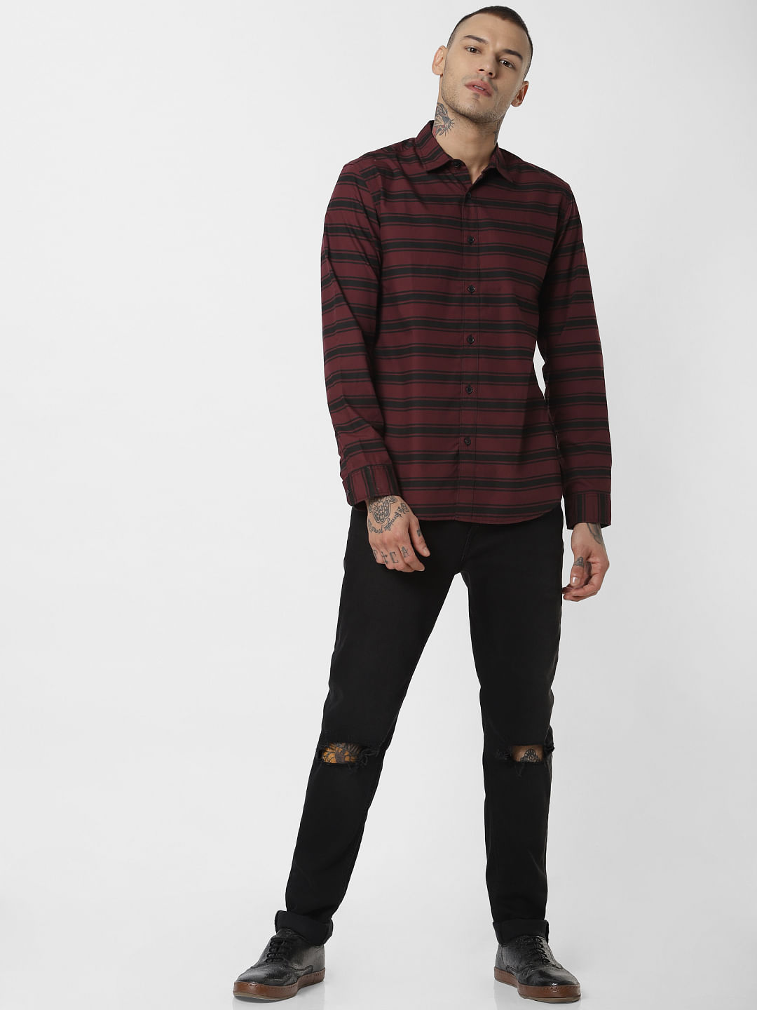Burgundy Striped Full Sleeves Shirt