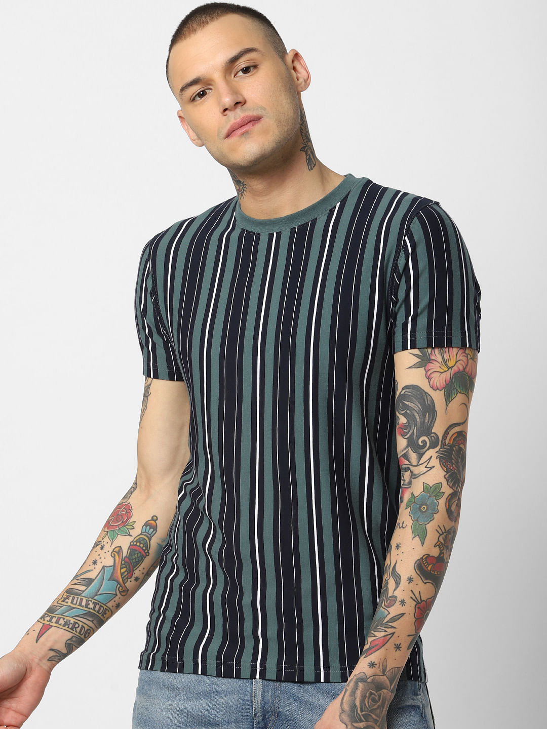 Green Striped Crew Neck T-Shirt