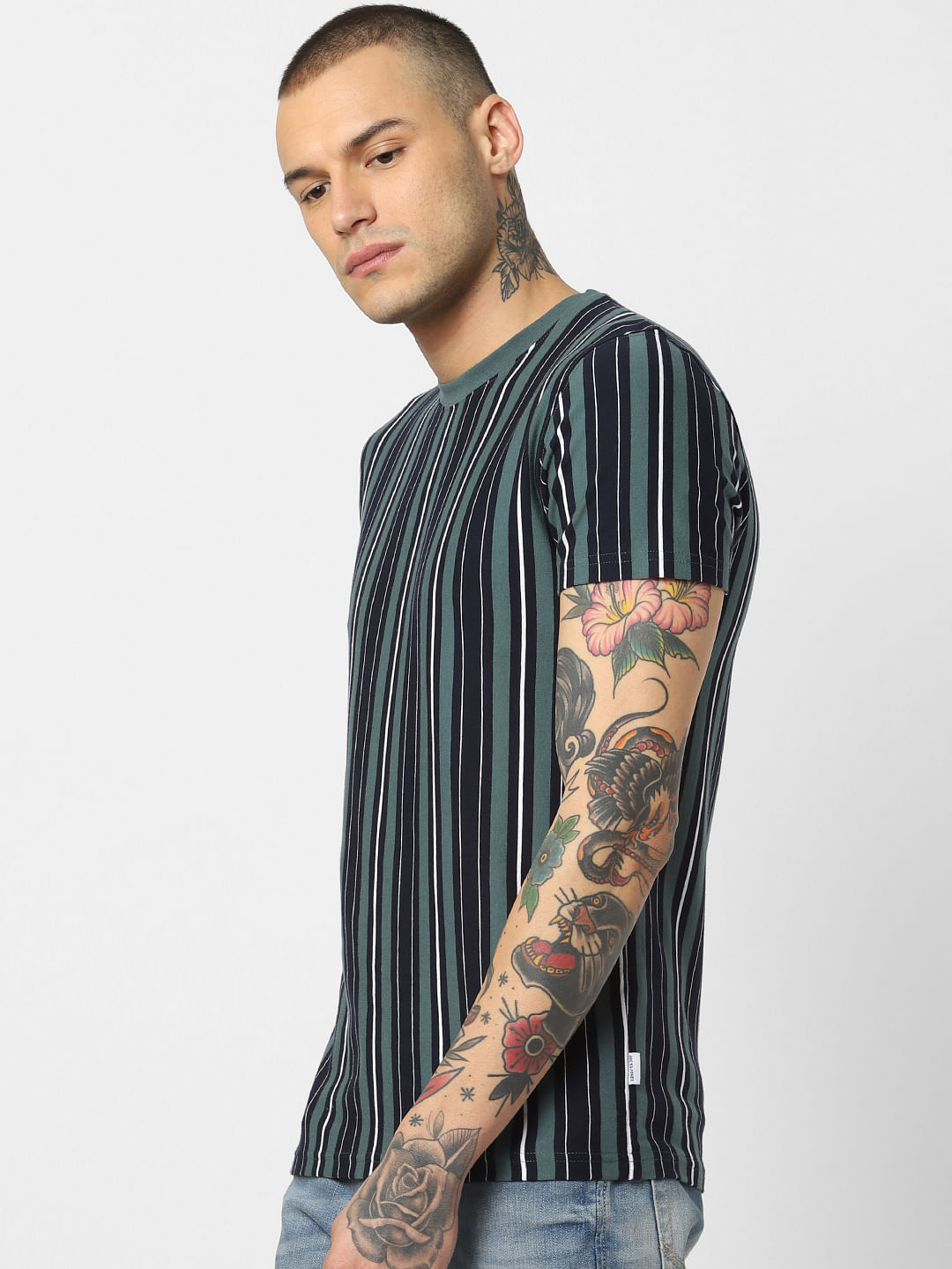 Green Striped Crew Neck T-Shirt
