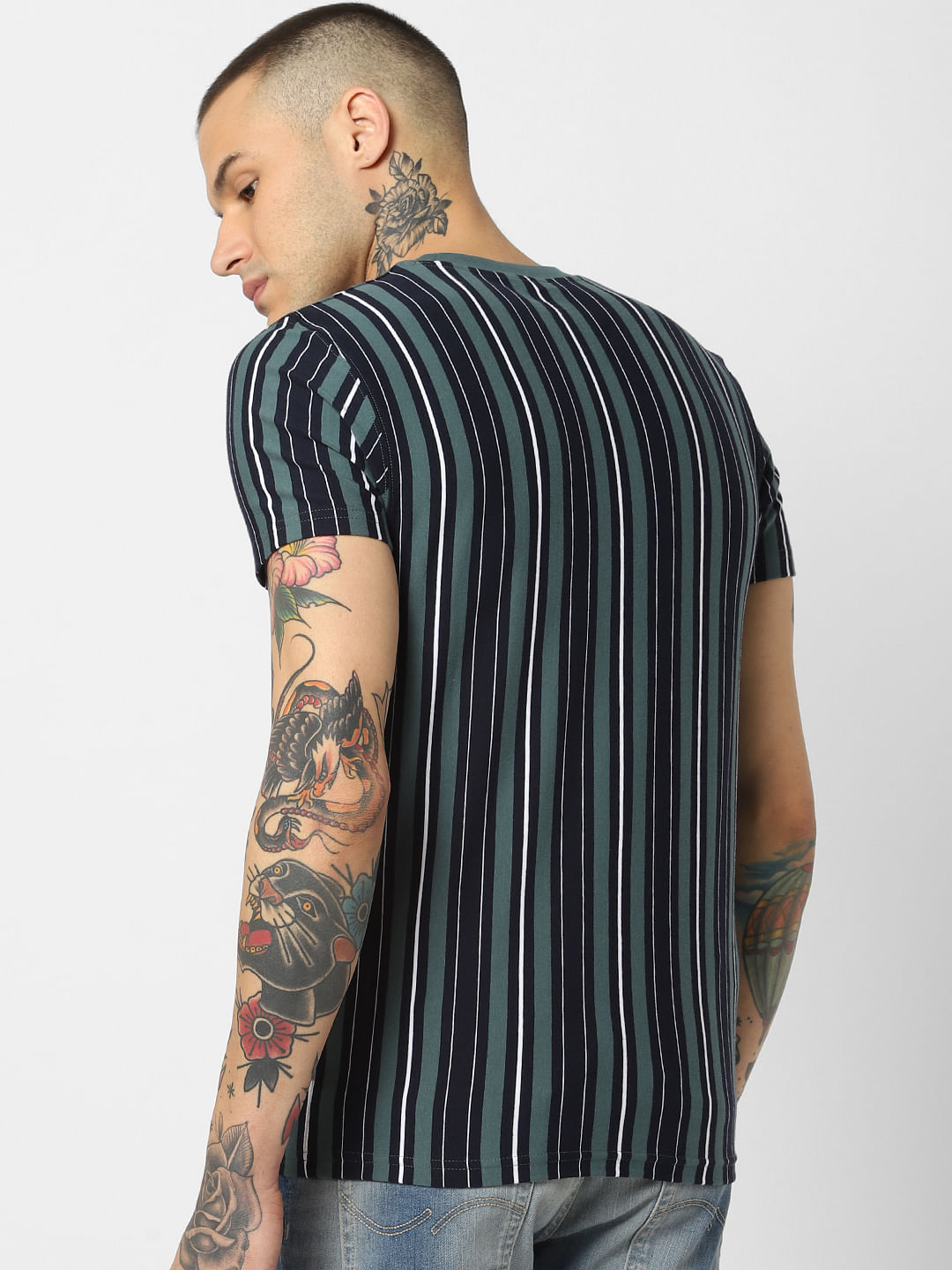 Green Striped Crew Neck T-Shirt