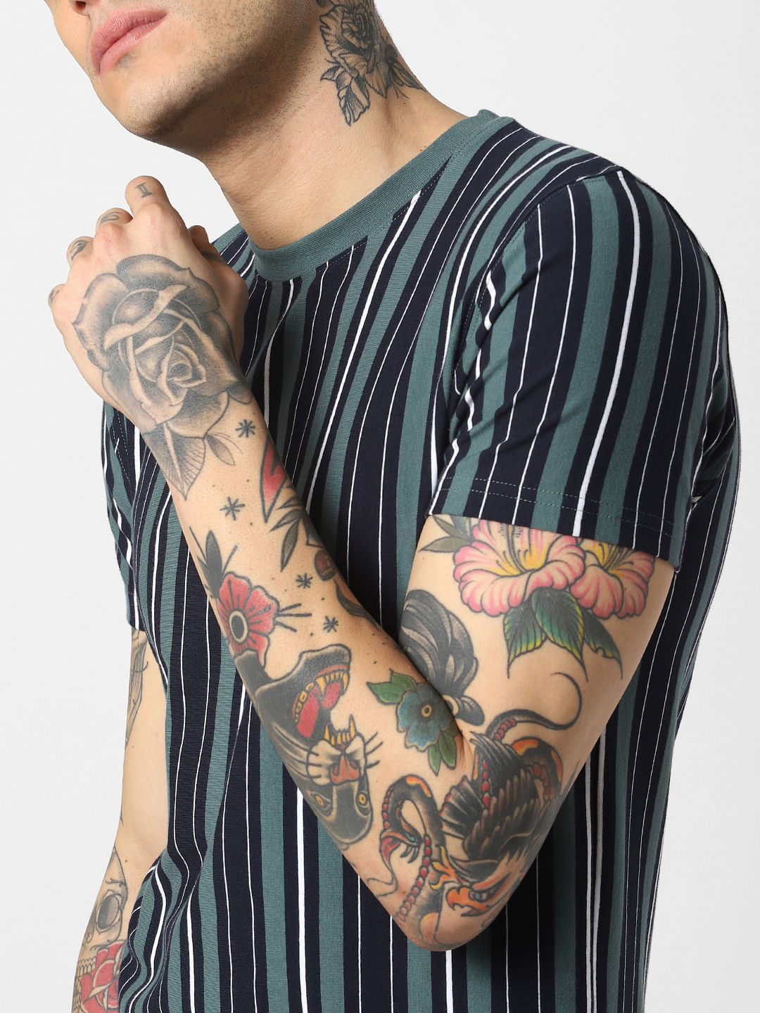 Green Striped Crew Neck T-Shirt