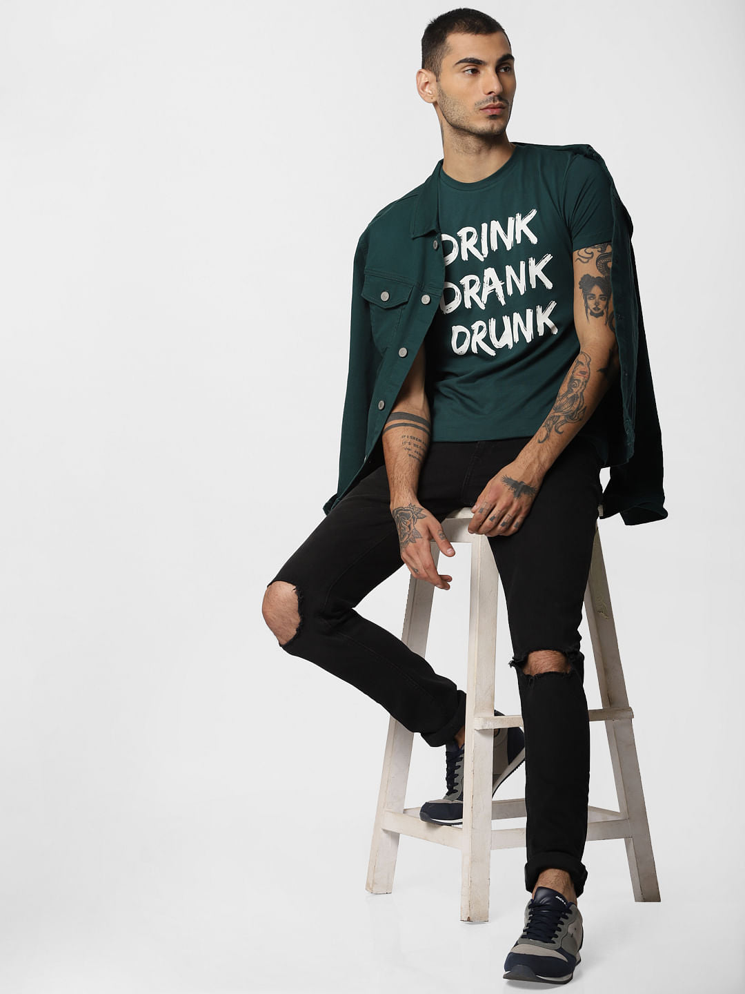 Green Slogan Print Crew Neck T-shirt - S