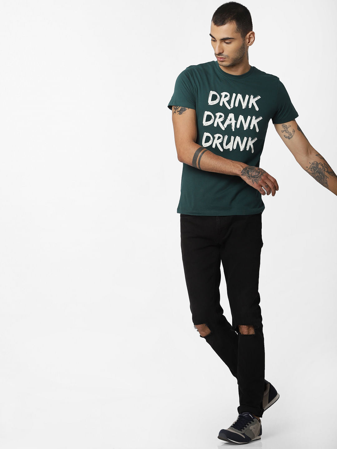 Green Slogan Print Crew Neck T-shirt