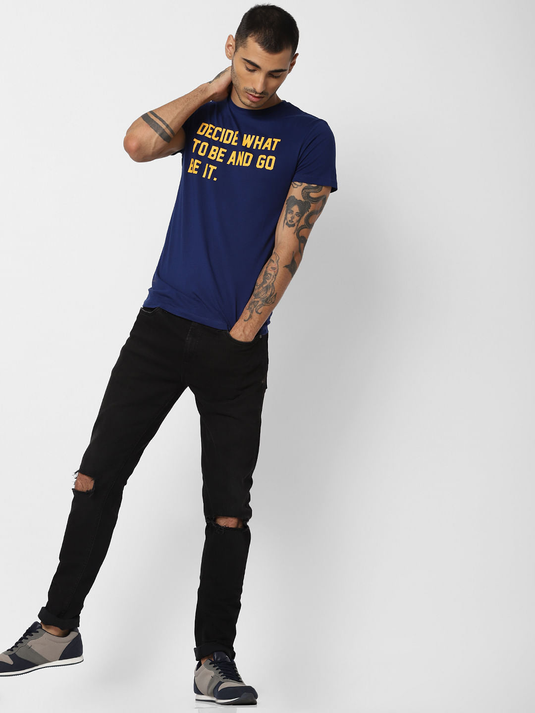 Blue Slogan Print Crew Neck T-shirt
