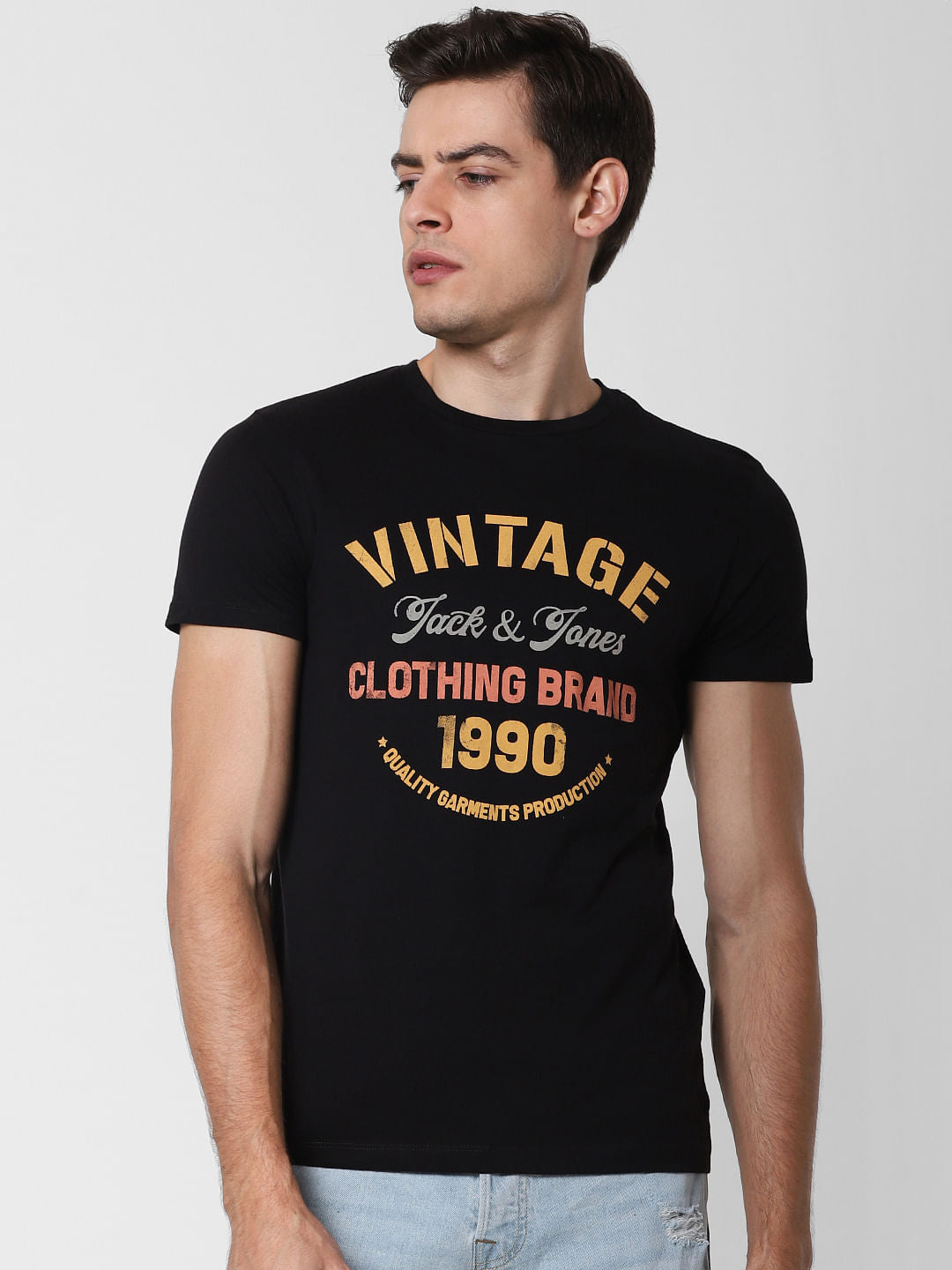 Black Text Print Crew Neck T-Shirt