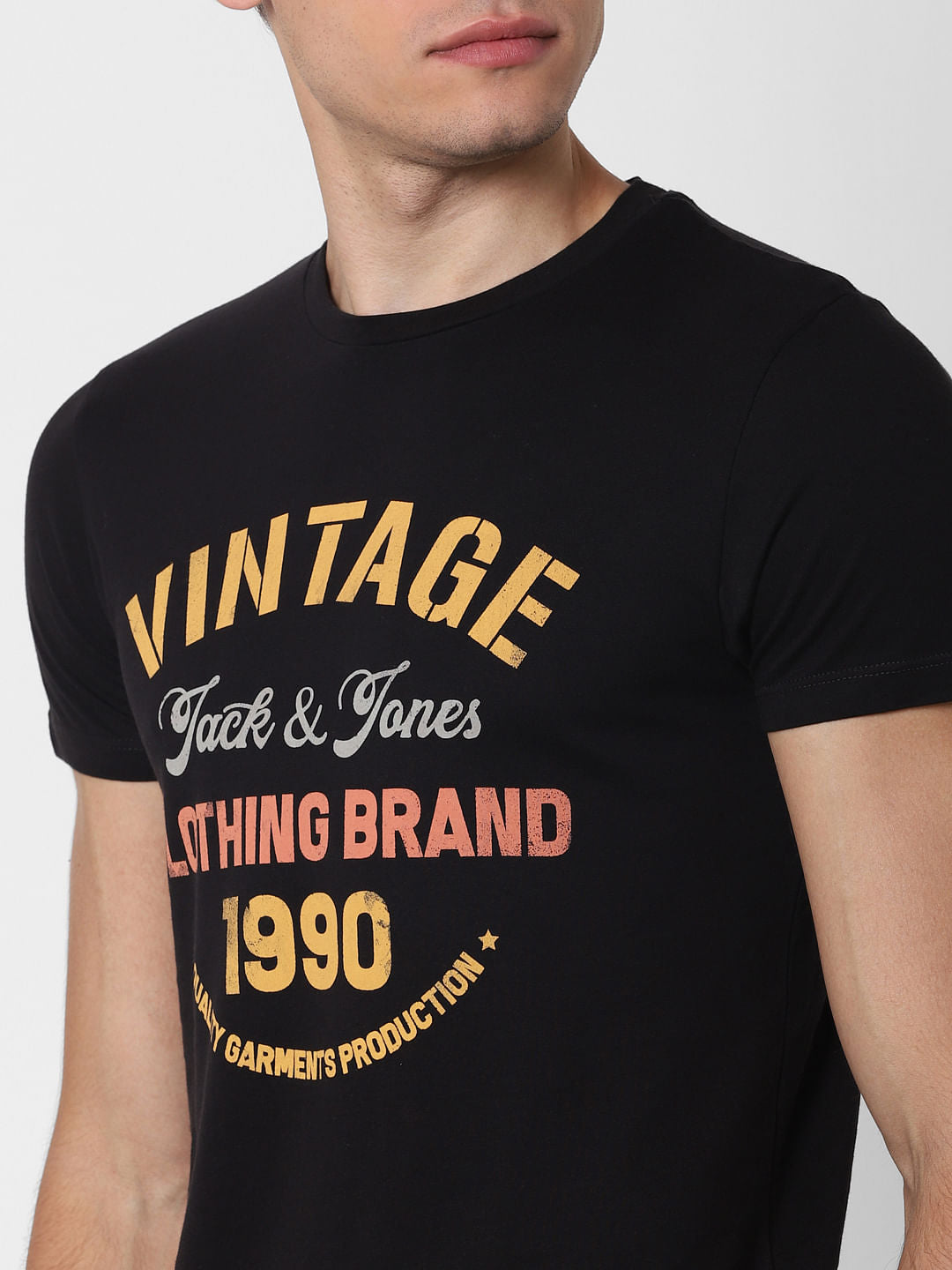 Black Text Print Crew Neck T-Shirt