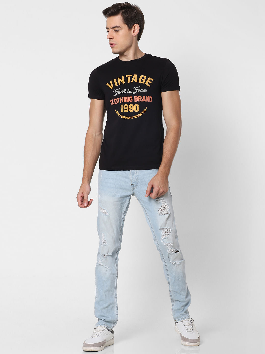 Black Text Print Crew Neck T-Shirt
