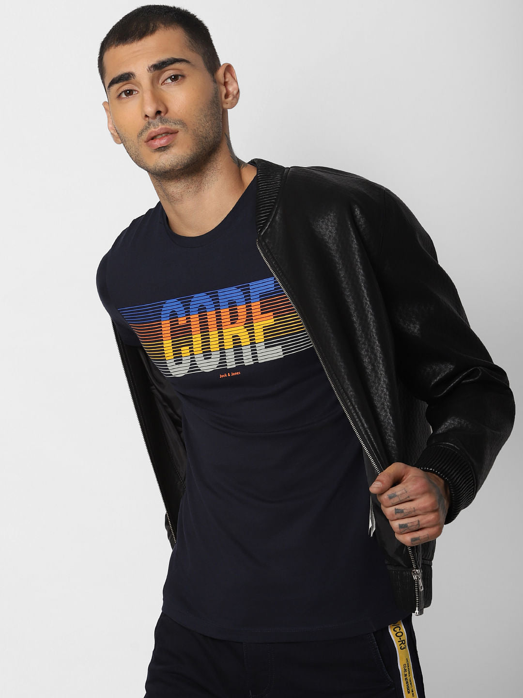 Navy Blue Logo Print Crew Neck T-shirt - S