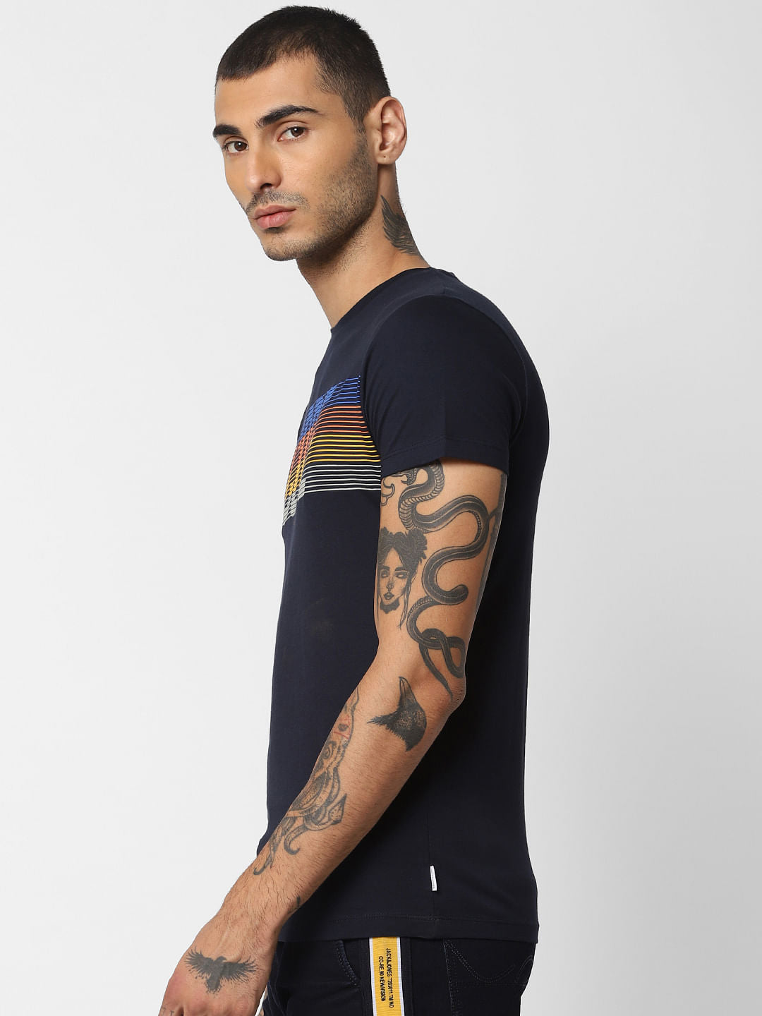 Navy Blue Logo Print Crew Neck T-shirt