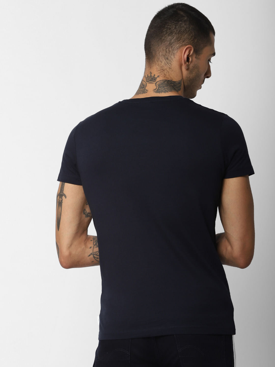 Navy Blue Logo Print Crew Neck T-shirt