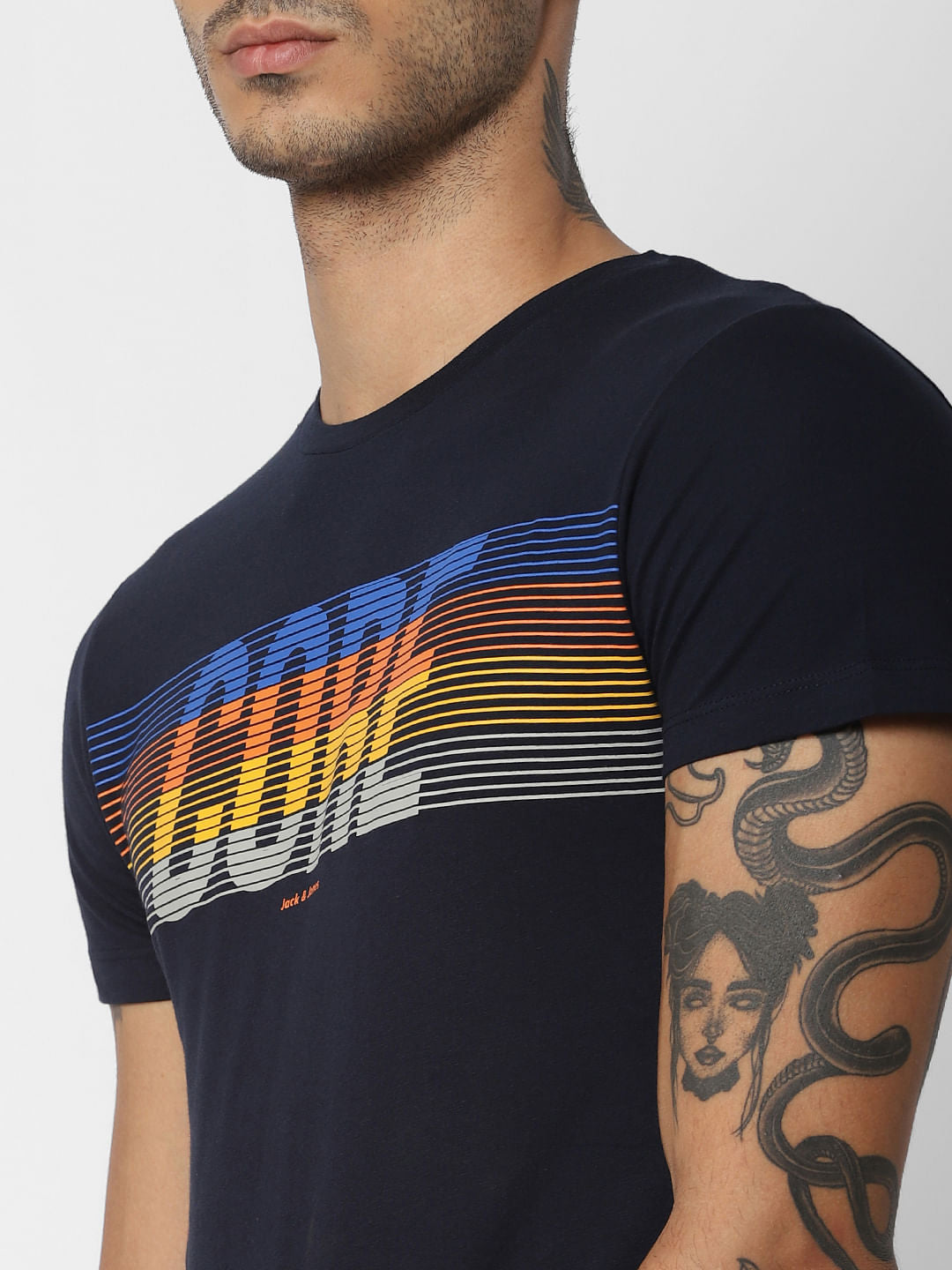 Navy Blue Logo Print Crew Neck T-shirt
