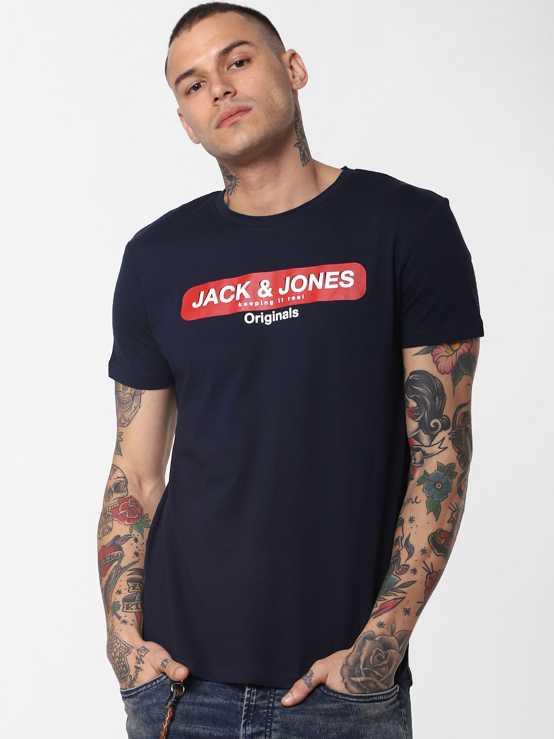 Navy Blue Logo Print Crew Neck T-Shirt - S