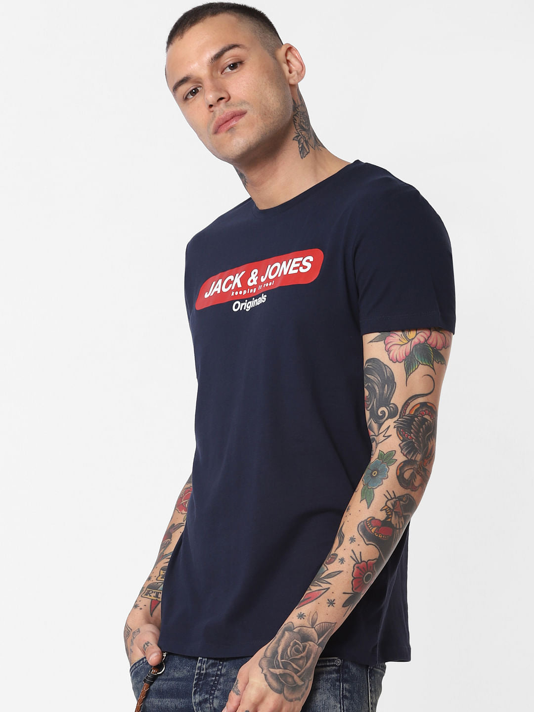 Navy Blue Logo Print Crew Neck T-Shirt