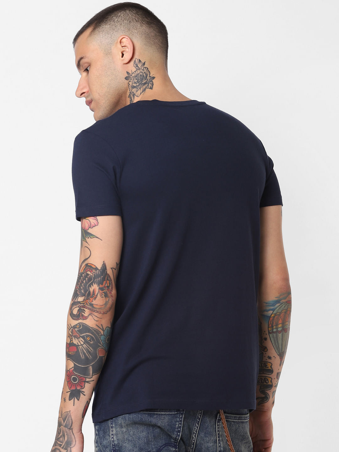 Navy Blue Logo Print Crew Neck T-Shirt