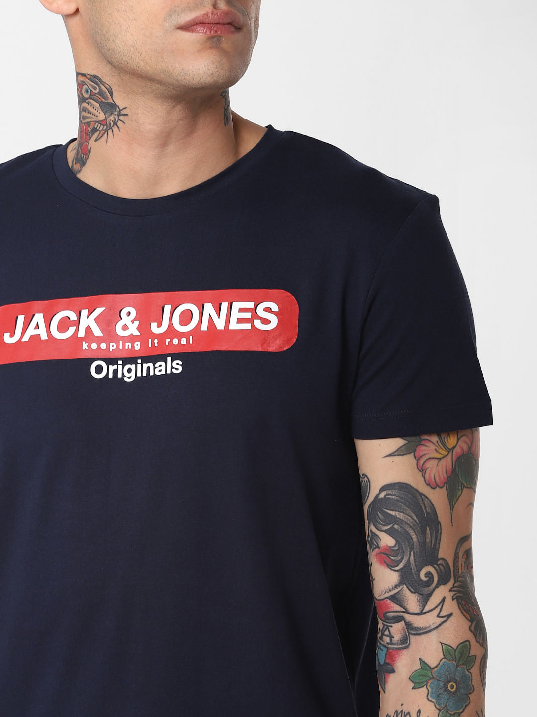 Navy Blue Logo Print Crew Neck T-Shirt